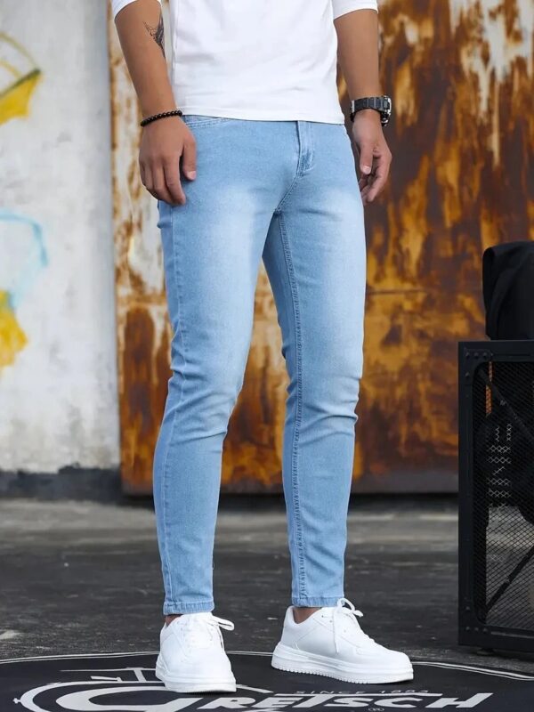 Man Pants Retro Washing Zipper Stretch Jeans Casual Slim Fit