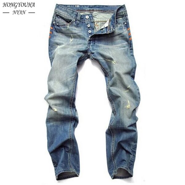 Men’s High-Quality Ripped Nostalgic Scratched Jeans – Slim Fit Streetwear Denim Trousers